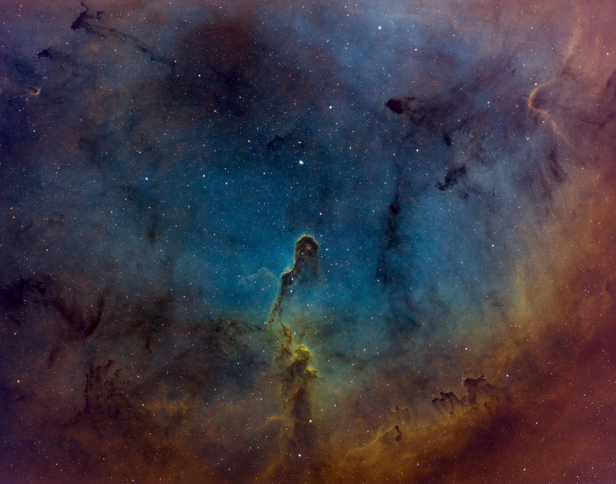 The dark Elephant Trunk Nebula silhouetted against glowing red hydrogen clouds